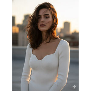 Thinkable Cream Long Sleeve Ribbed Sweetheart Neck top